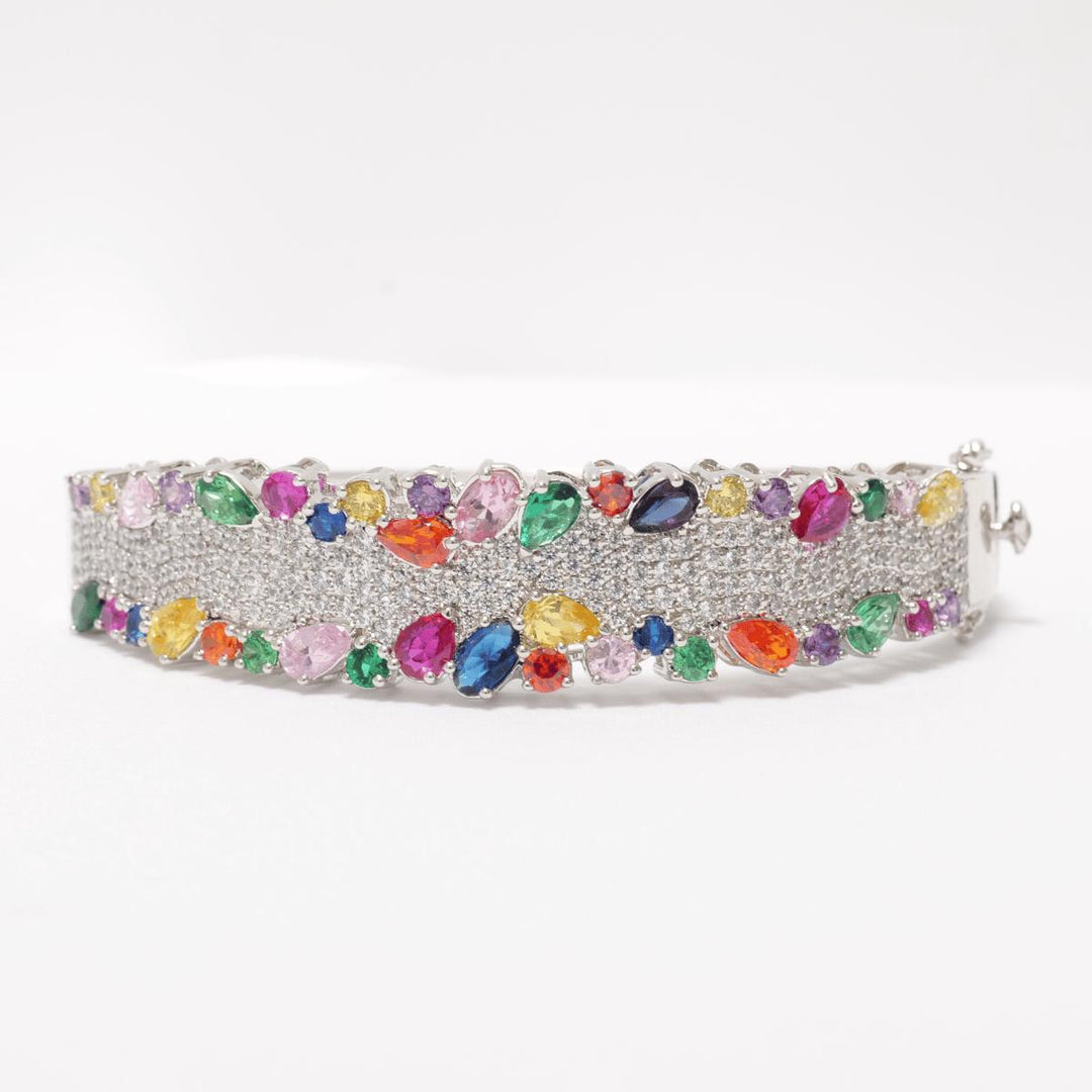 Rainbow Gemstone Diamond Bracelet, 14k Solid Gold, Natural Diamonds, Cluster Cocktail Bangle, Statement Bridal Jewelry, Broad Bridal Cuff