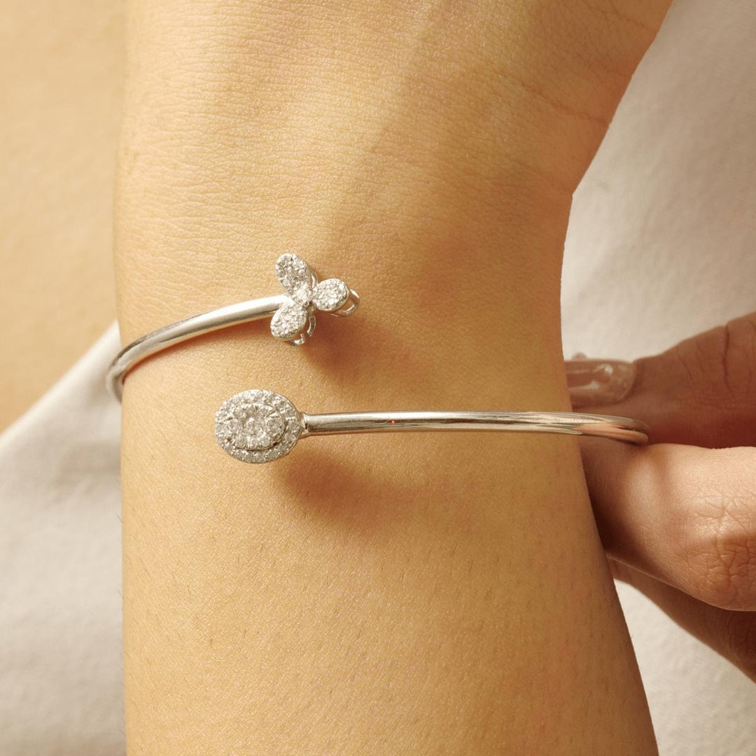 Floral Diamond Open Cuff Bracelet, 14K Solid Gold, Natural Diamond, Halo Statement Jewelry, Stackable Minimalist Bracelet, Everyday Bracelet
