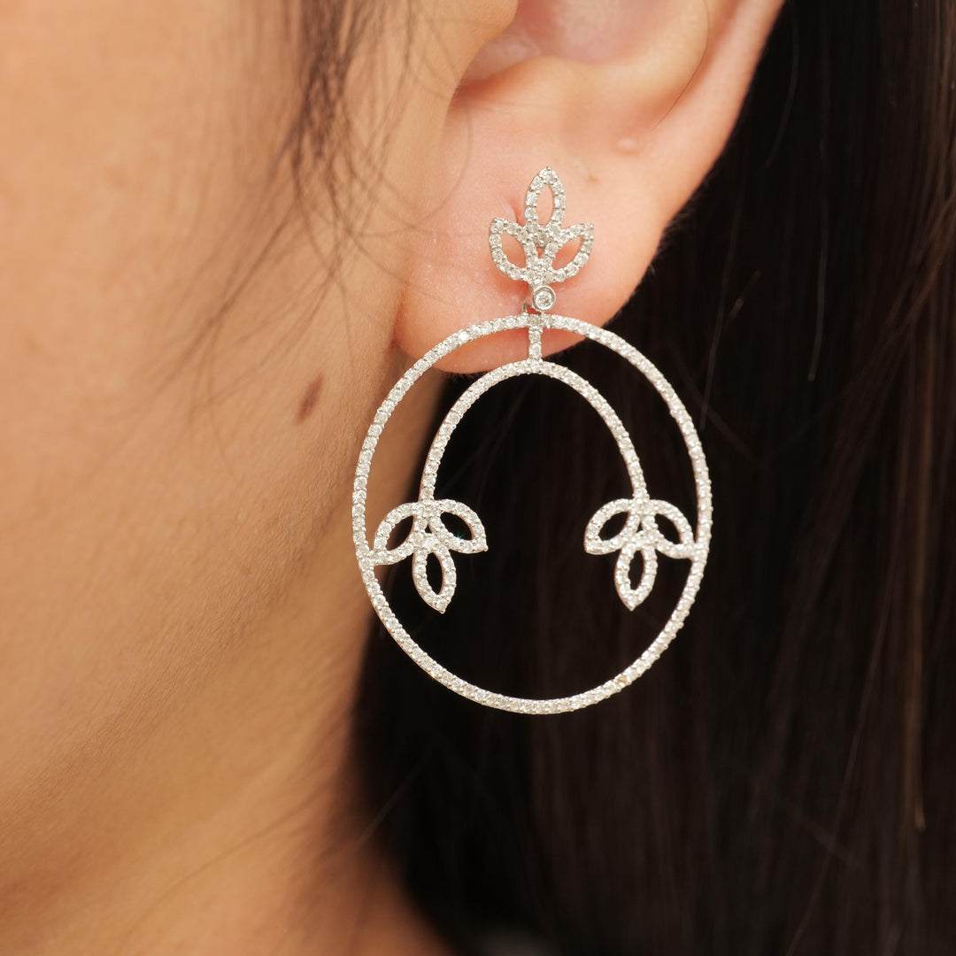 Floral Hoop Natural Diamond Dangle Earrings: 14k Solid Gold Circle Drop Jewelry, HRD Certified,  Ready To Ship