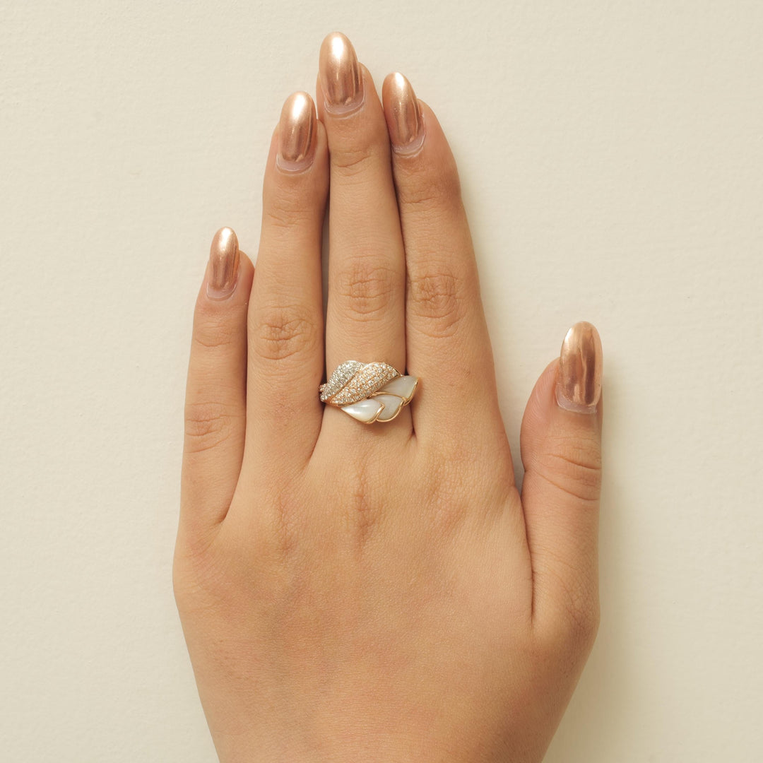 Mother of Pearl Diamond Ring, 14k Solid Gold, Natural Diamonds, Cocktail Leaf Ring, Two Toned Statement Jewelry, Ready To Ship