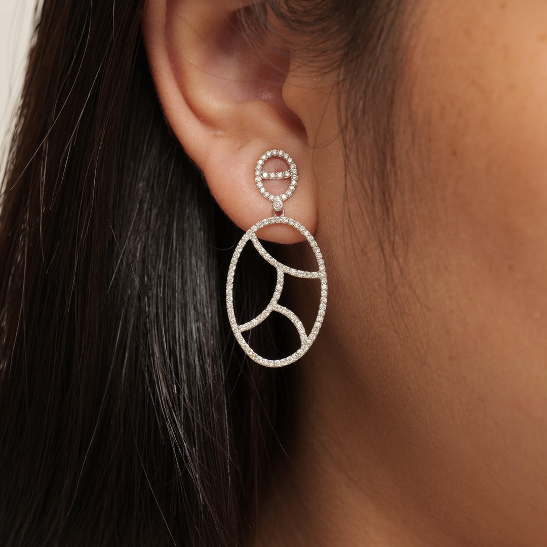 Geometric Oval Natural Diamond Drop Earrings: 14k Solid Gold, HRD Certification, Ready To Ship