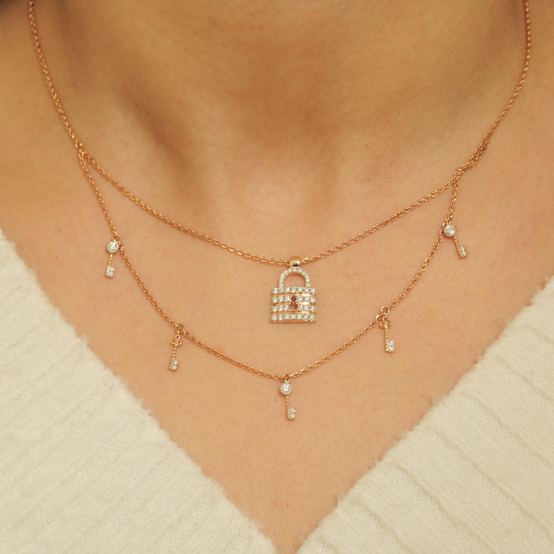 Lock & Key Diamond Necklace, 14k Solid Gold, Natural Diamonds, Dual Tone Charm Layered Stacking Necklace, Ready To Ship, IGI Certified
