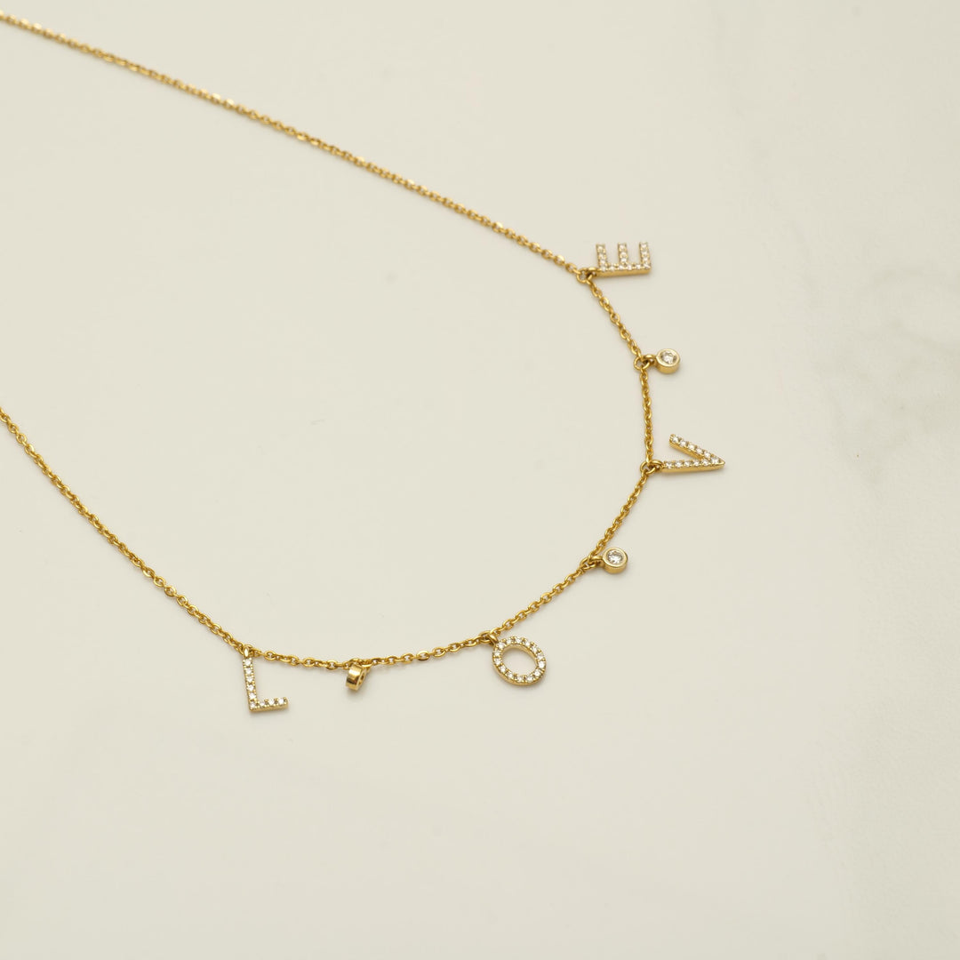 Love Dangle Diamond Drop Necklace, 14k Solid Gold, Natural Diamonds, Affirmation Statement Jewelry, Letter Chain Jewelry, Everyday Necklace