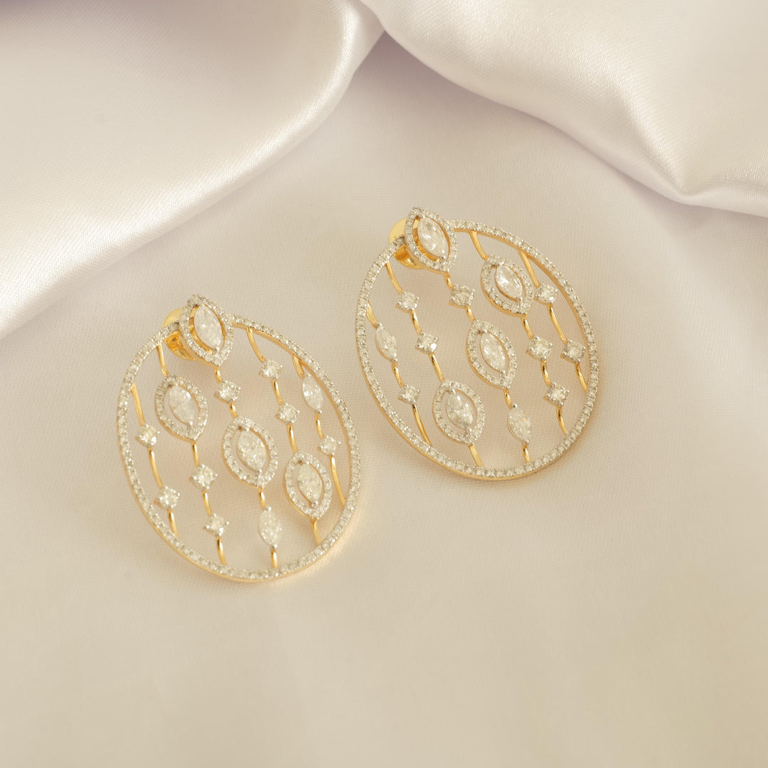 Open Circle Diamond Earrings, 14k Solid Gold, Natural Diamond, Halo Marquise Cocktail Studs, Statement Jewelry, Ready To Ship, IGI Certified