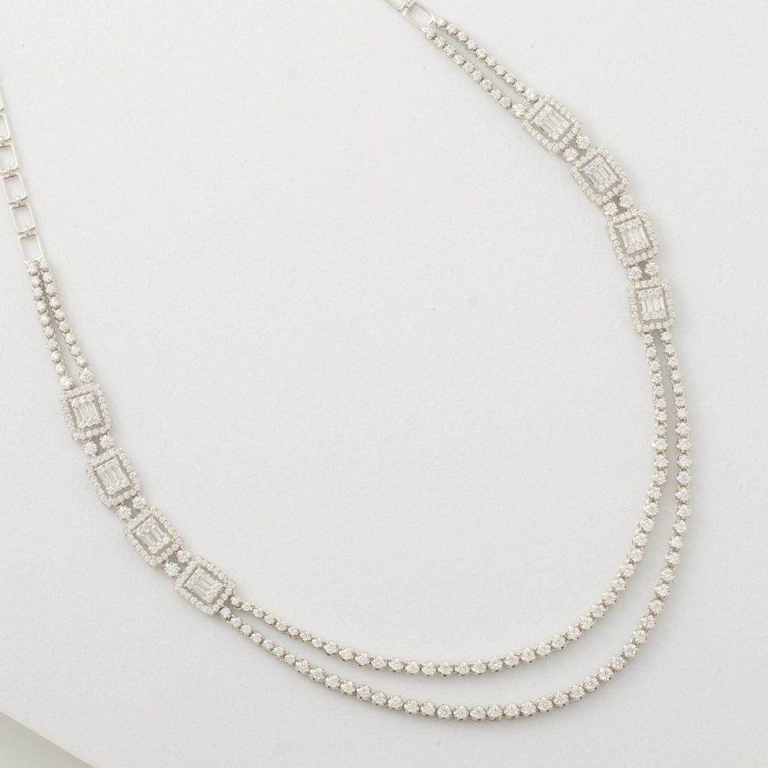 Layered Halo Diamond Necklace, 14k Solid Gold, Natural Diamonds, Bridal Baguette Illusion Statement Necklace, Wedding Stacking Jewelry