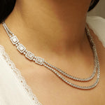 Load image into Gallery viewer, Layered Halo Diamond Necklace, 14k Solid Gold, Natural Diamonds, Bridal Baguette Illusion Statement Necklace, Wedding Stacking Jewelry
