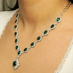 Load image into Gallery viewer, Halo Oval Emerald Diamond Necklace, 14k Solid Gold, Natural Diamonds, Bridal Statement Green Gemstone Necklace, Wedding Cluster Jewelry
