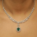 Load image into Gallery viewer, Halo Oval Emerald Diamond Necklace Earring Set, 14k Solid Gold, Natural Diamond, Floral Bridal Jewelry, Wedding Statement Jewelry
