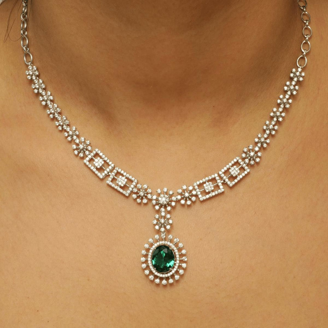 Halo Oval Emerald Diamond Necklace Earring Set, 14k Solid Gold, Natural Diamond, Floral Bridal Jewelry, Wedding Statement Jewelry