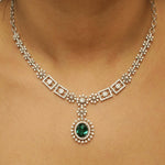 Load image into Gallery viewer, Halo Oval Emerald Diamond Necklace Earring Set, 14k Solid Gold, Natural Diamond, Floral Bridal Jewelry, Wedding Statement Jewelry
