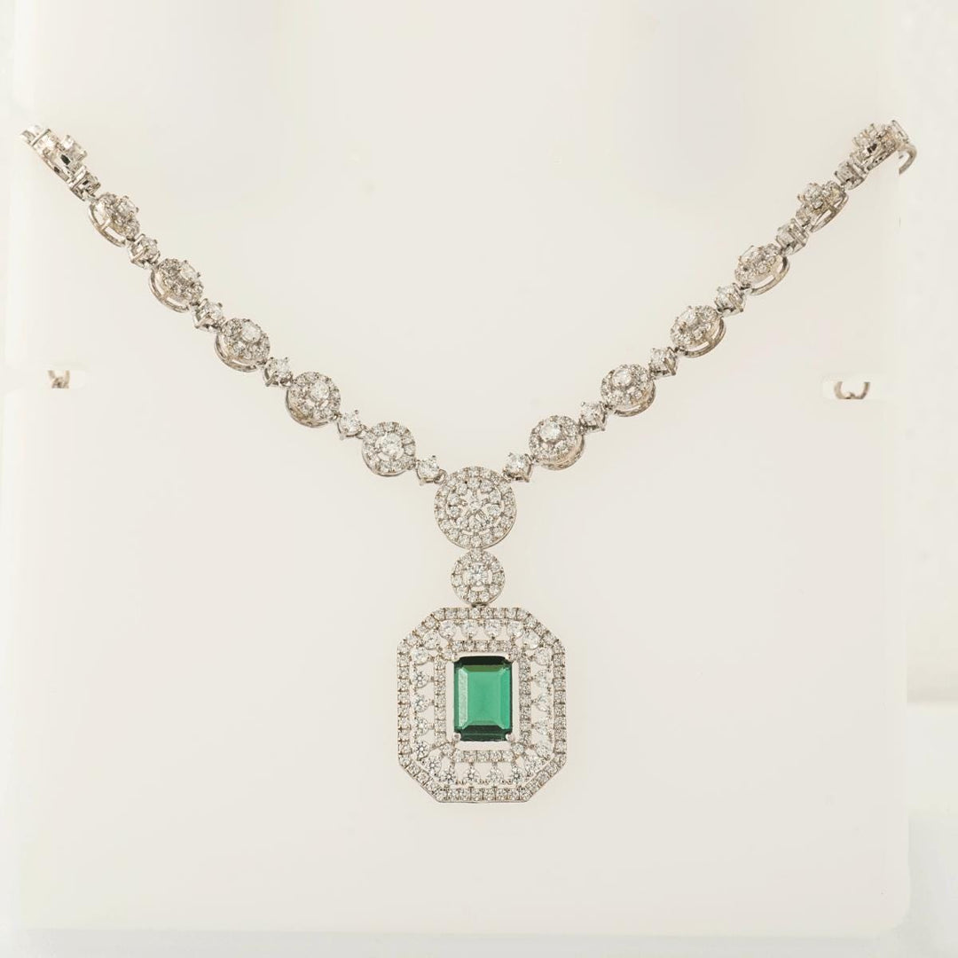 Halo Emerald Diamond Necklace, 14k Solid Gold, Natural Diamonds, Gemstone Bridal Art Deco Jewelry, Statement Wedding Neckalce