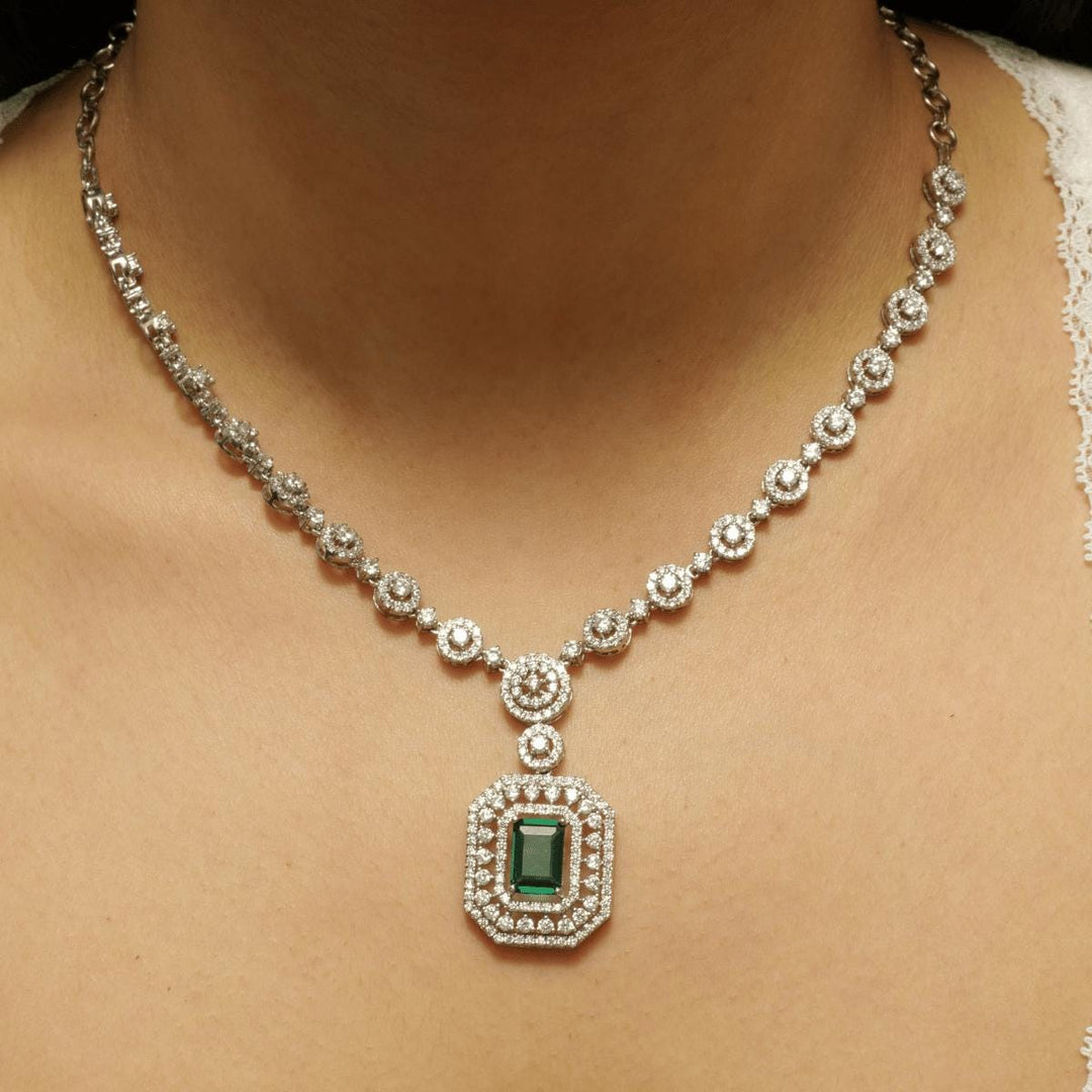 Halo Emerald Diamond Necklace, 14k Solid Gold, Natural Diamonds, Gemstone Bridal Art Deco Jewelry, Statement Wedding Neckalce