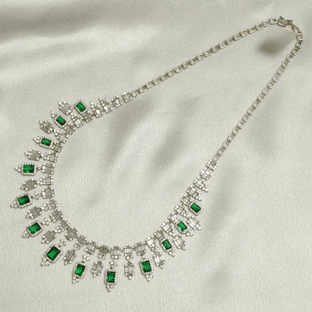 Halo Emerald Diamond Drop Necklace, 14k Solid Gold, Natural Diamond, Illusion Baguette Gemstone Necklace, Jewelry, Statement Wedding Jewelry