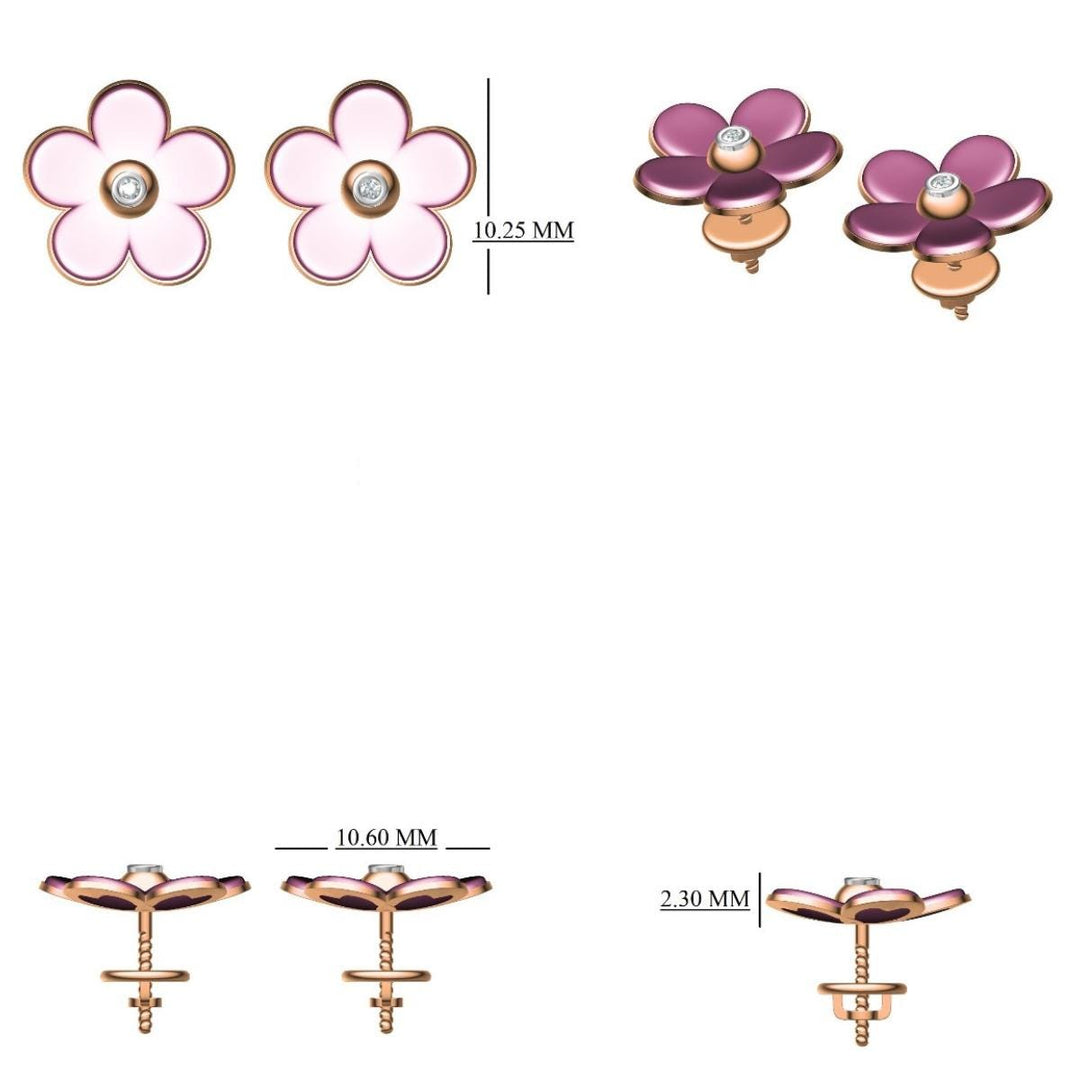 Diamond Flower Kids Earrings, Pink Enamel Floral Studs, 14k Solid Gold, Natural Diamonds, Gift for toddlers/girls/kids, Ready To Ship