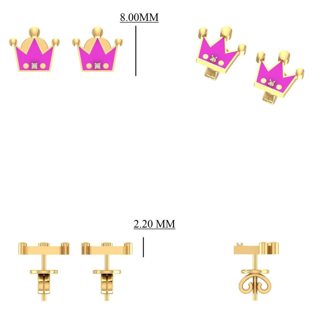 Diamond Crown Kids Earrings, Pink Enamel Studs, 14k Solid Gold, Natural Diamonds, Everyday jewelry, Gift for toddlers/girls, Ready To Ship