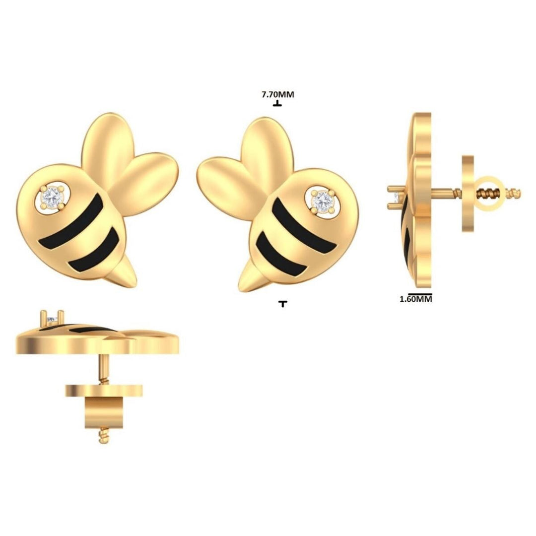 Bee Diamond Stud Earrings, 14k Solid Gold, Natural Diamond, Kids Jewelry, Enamel Everyday Earring, Gift For Toddler, Kids And Girls
