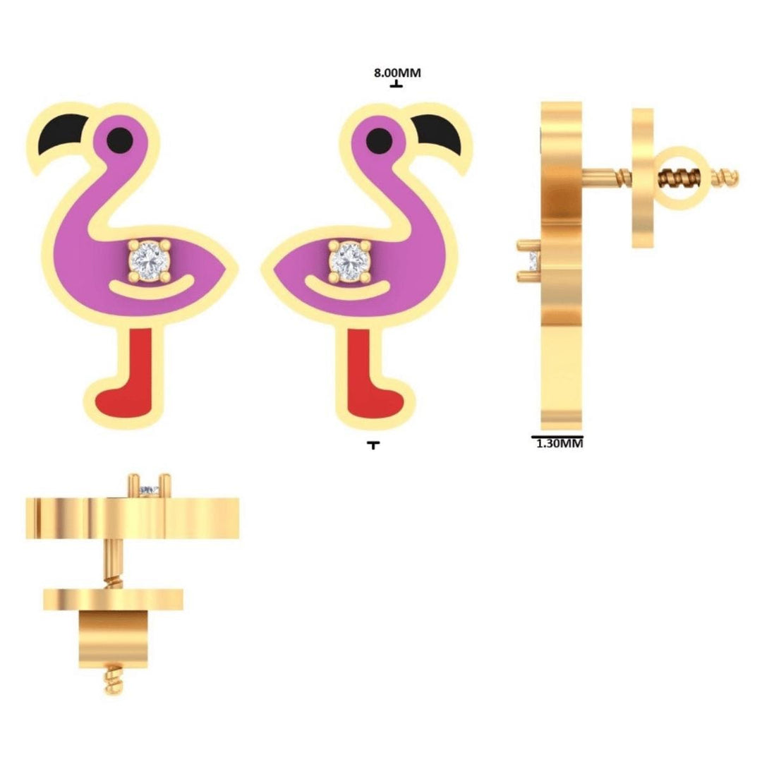Flamingo Diamond Kids Stud Earrings, Enamel Studs, 14k Solid Gold, Natural Diamond, Everyday jewelry, Gift for toddlers/girls, Ready To Ship