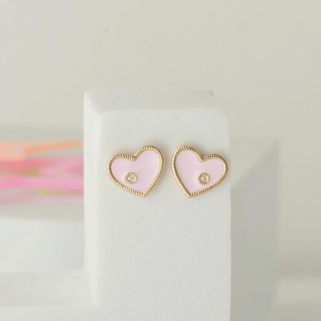 Heart Diamond Kids Stud Earrings, Pink Enamel Studs, 14k Solid Gold, Natural Diamonds, Everyday jewelry, Gift for toddlers, girls and kids