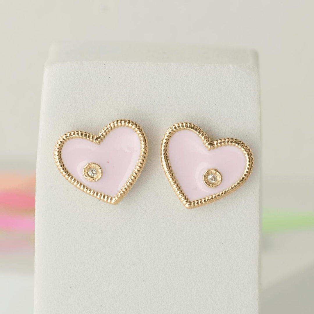 Heart Diamond Kids Stud Earrings, Pink Enamel Studs, 14k Solid Gold, Natural Diamonds, Everyday jewelry, Gift for toddlers, girls and kids