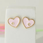 Load image into Gallery viewer, Heart Diamond Kids Stud Earrings, Pink Enamel Studs, 14k Solid Gold, Natural Diamonds, Everyday jewelry, Gift for toddlers, girls and kids
