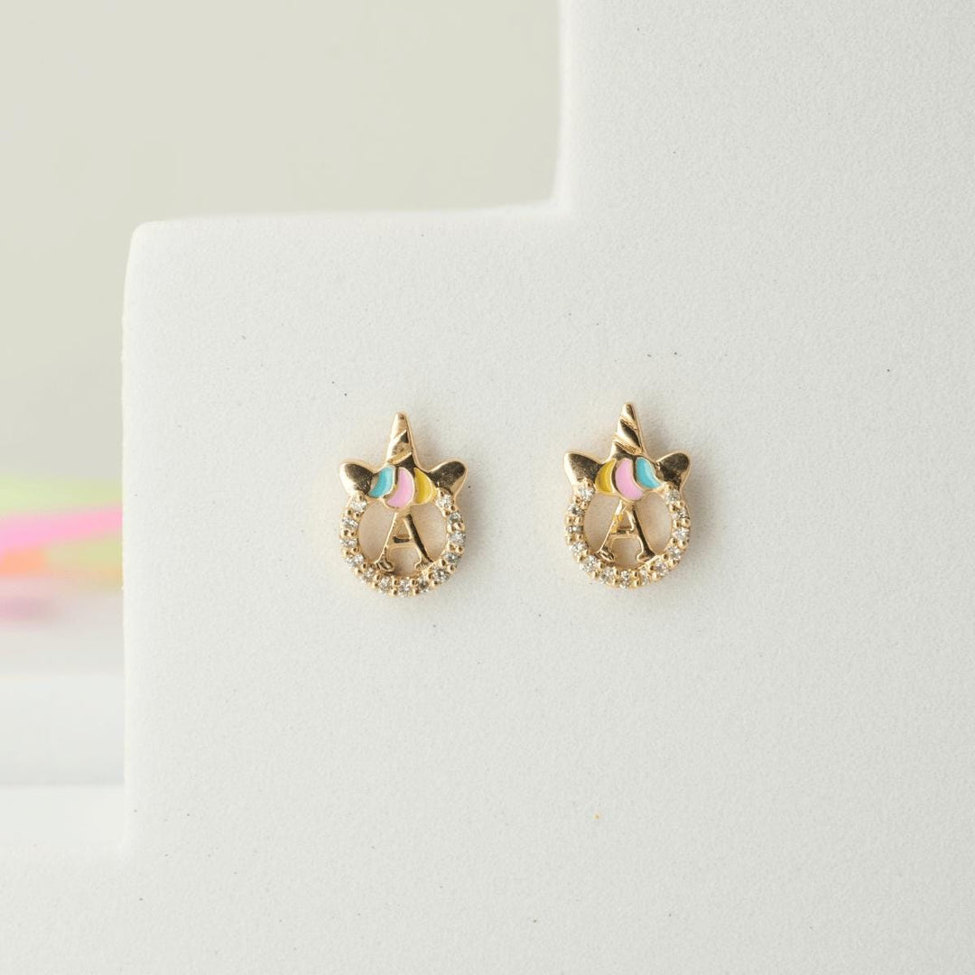 Unicorn Initial Diamond Kids Stud Earrings, 14k Solid Gold, Natural Diamond, Minimalistic Everyday jewelry, Gift for toddlers, girls and kid