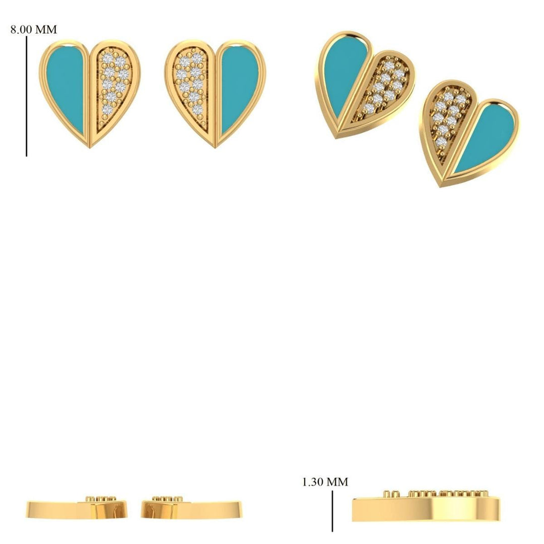 Heart Diamond Kids Earrings, 14k Solid Gold Enamel Studs, Natural Diamond, Minimalistic Everyday jewelry, Gift for toddlers, girls, and kid