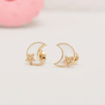 Load image into Gallery viewer, Moon and Star Diamond Kids Earrings, 14k Solid Gold, Natural Diamond, Minimalist Celestial Enamel Jewelry, Gift for toddlers, girls, and kid
