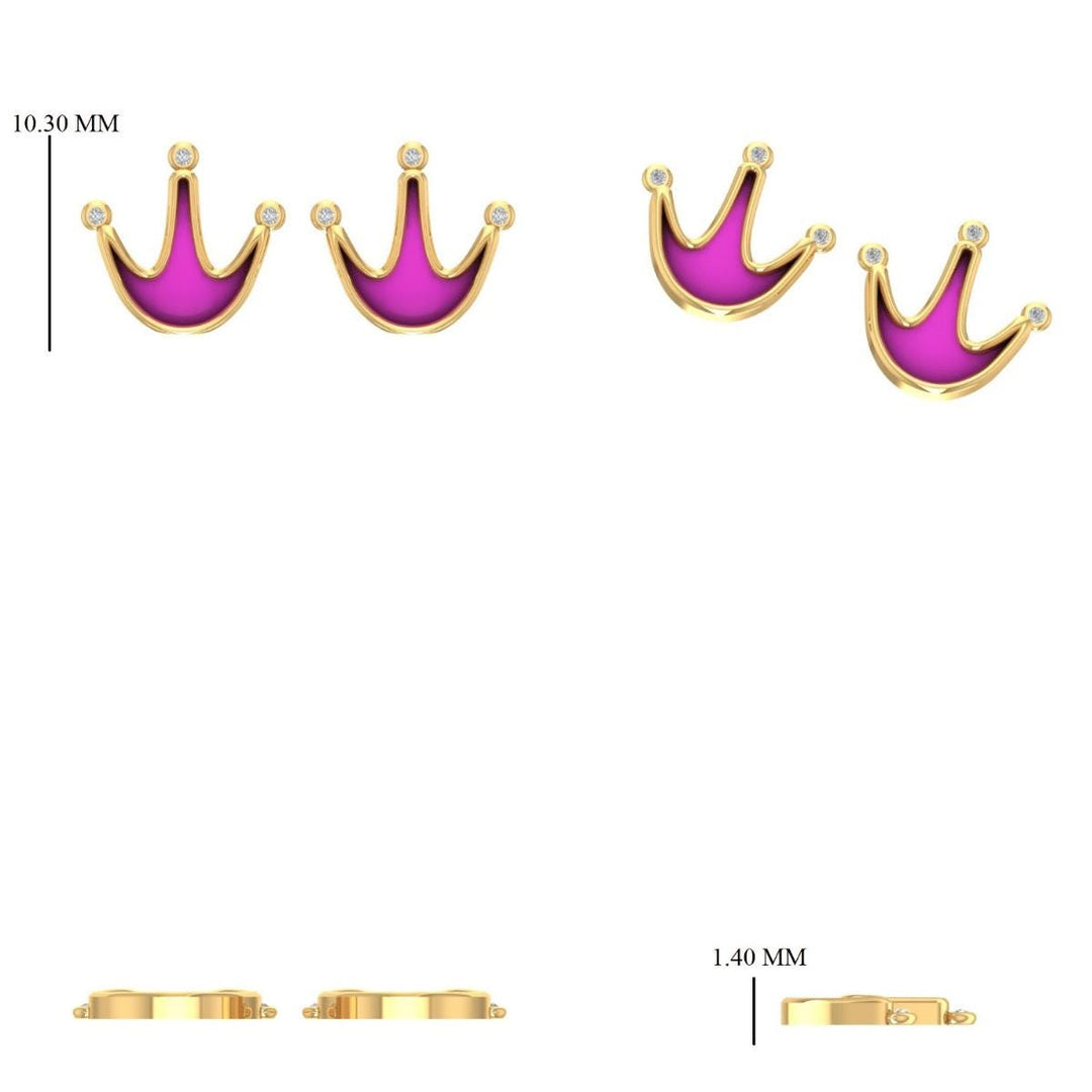 Crown Diamond Kids Stud Earrings, 14k Solid Gold, Natural Diamonds, Minimalist Pink Enamel Jewelry, Gift for toddlers/girls, Ready To Ship