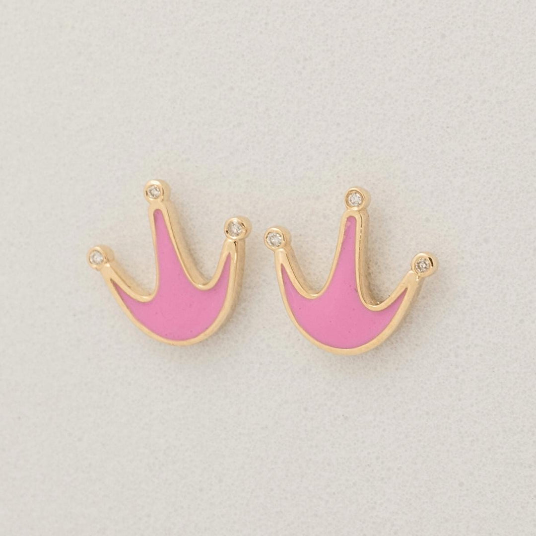 Crown Diamond Kids Stud Earrings, 14k Solid Gold, Natural Diamonds, Minimalist Pink Enamel Jewelry, Gift for toddlers/girls, Ready To Ship
