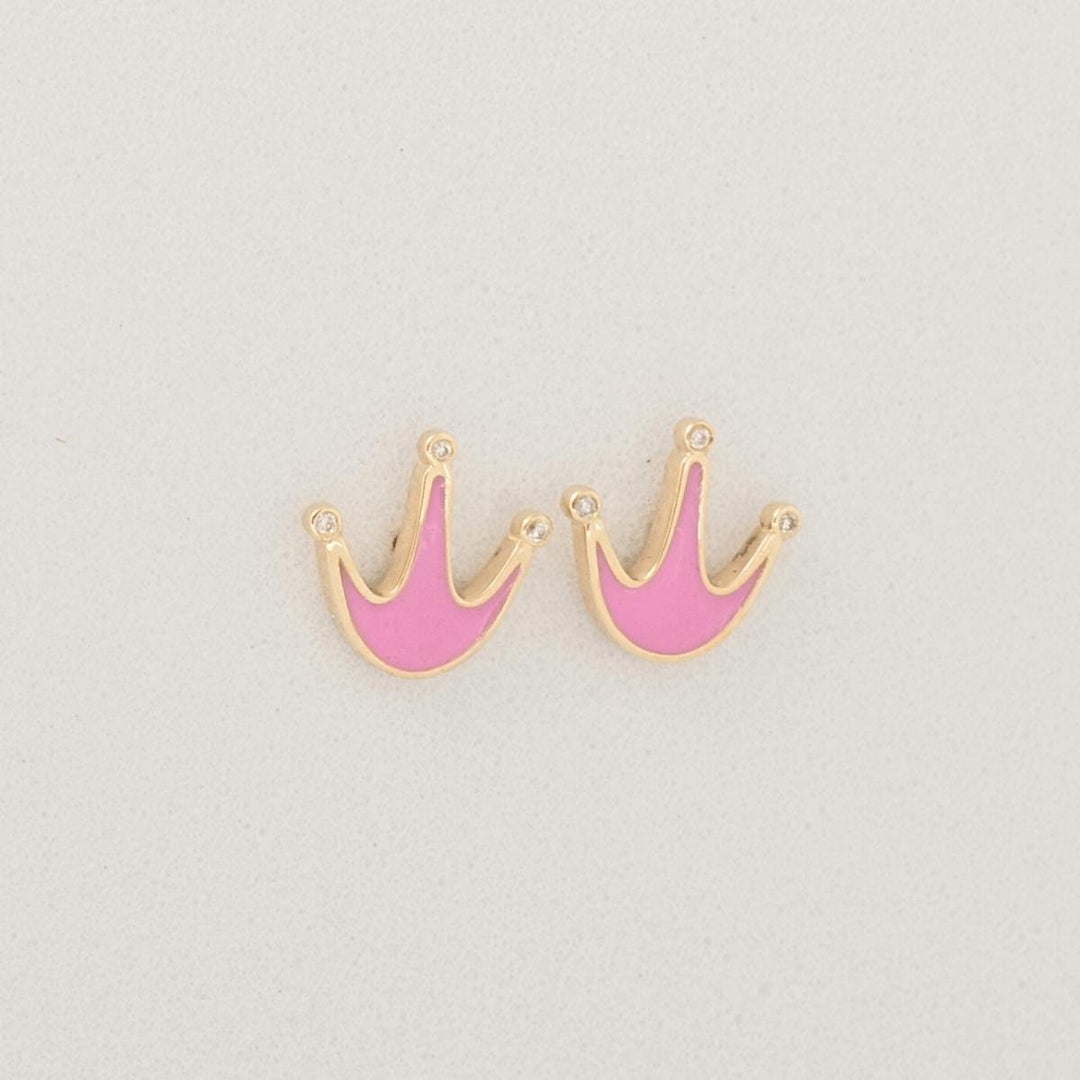 Crown Diamond Kids Stud Earrings, 14k Solid Gold, Natural Diamonds, Minimalist Pink Enamel Jewelry, Gift for toddlers/girls, Ready To Ship