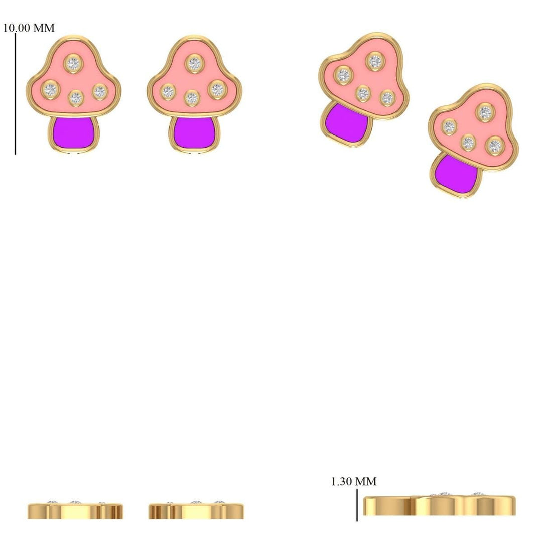 Kids Mushroom Diamond Earrings, 14k Solid Gold, Colorful Enamel Studs, Natural Diamonds, Gift for girls, Ready To Ship, HRD Certified