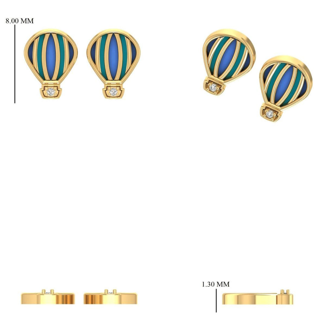 Kids Hot Air Balloon Diamond Earrings, 14k Solid Gold, Colorful Enamel Studs, Natural Diamonds, Gift for toddlers/girls/kids, Ready To Ship