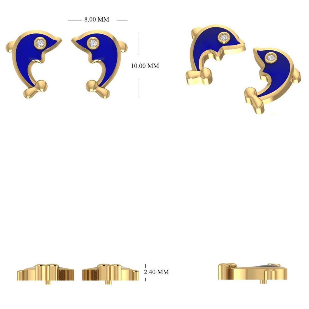 Kids Dolphin Diamond Earrings, 14k Solid Gold, Enamel Studs, Natural Diamond, Everyday Jewelry, Gift for girls, Ready To Ship, HRD Certified