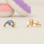 Load image into Gallery viewer, Kids Dolphin Diamond Earrings, 14k Solid Gold, Enamel Studs, Natural Diamond, Everyday Jewelry, Gift for girls, Ready To Ship, HRD Certified
