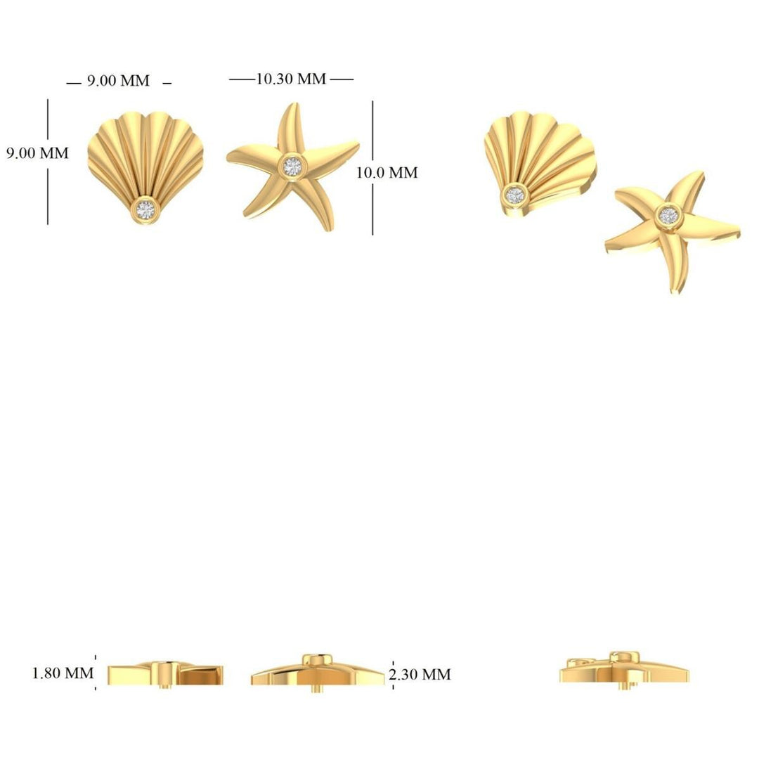 Starfish and Seashell Diamond Kids Earrings, 14k Solid Gold, Natural Diamond, Mismatched Everyday Studs, Gift for toddlers, girls and kids