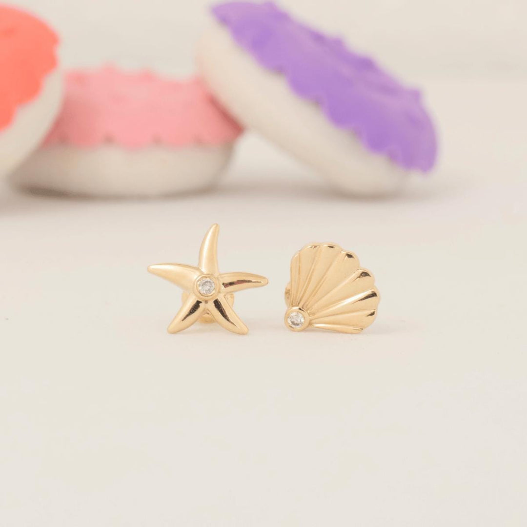 Starfish and Seashell Diamond Kids Earrings, 14k Solid Gold, Natural Diamond, Mismatched Everyday Studs, Gift for toddlers, girls and kids