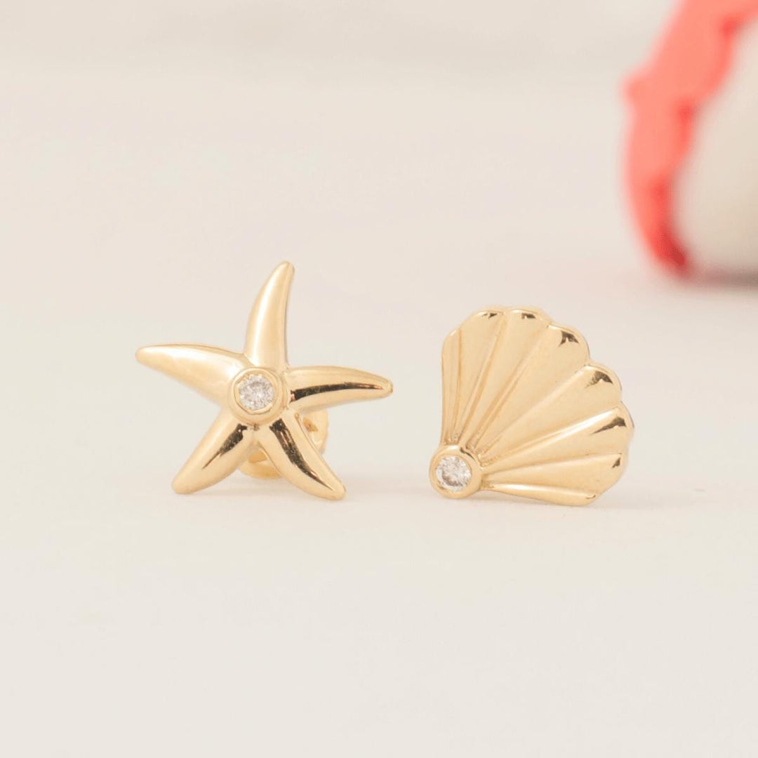 Starfish and Seashell Diamond Kids Earrings, 14k Solid Gold, Natural Diamond, Mismatched Everyday Studs, Gift for toddlers, girls and kids
