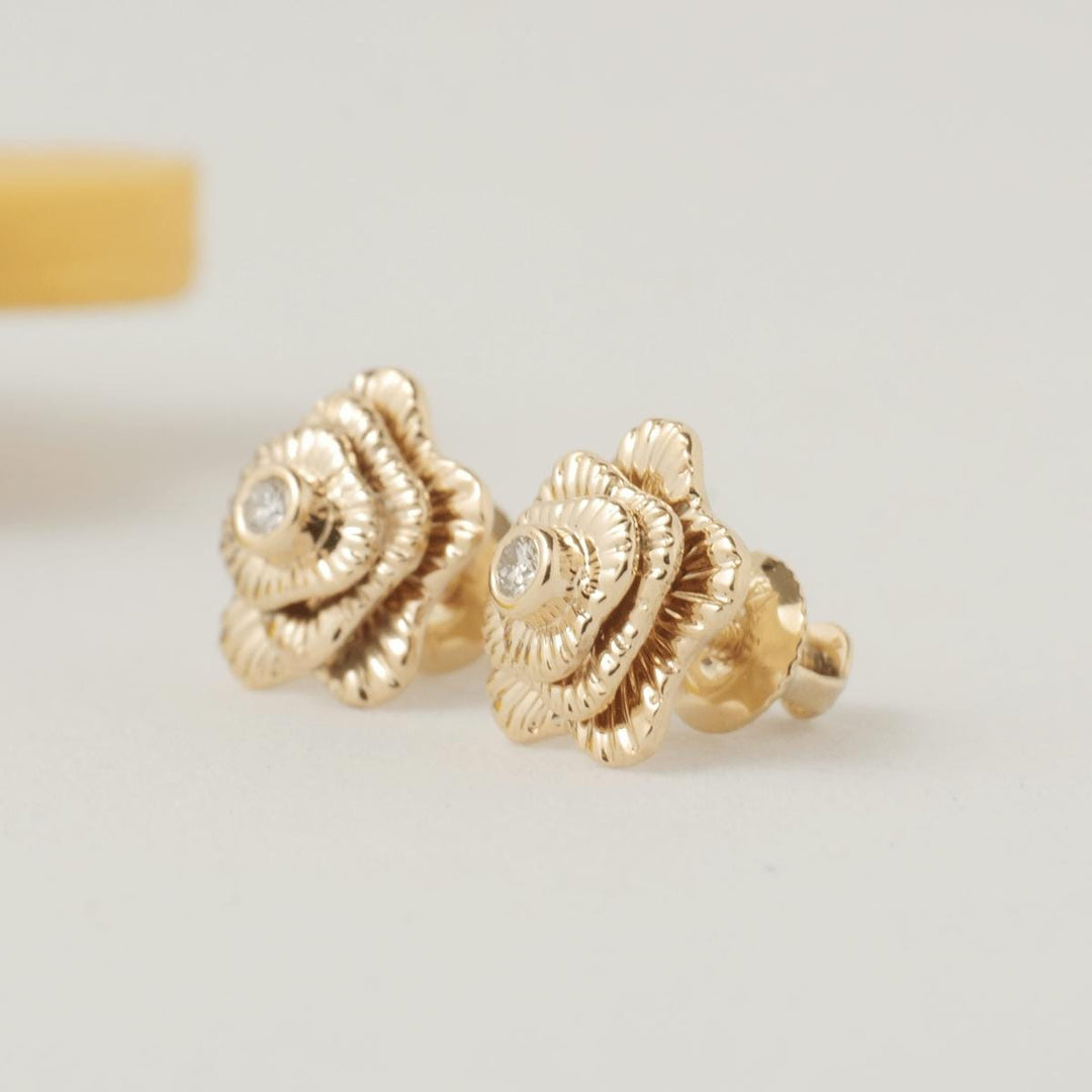 Kids Textured Floral Diamond Earrings, 14k Solid Gold, Natural Diamond, Layered Petal Bloom Studs, Gift for toddler/girls/kid, Ready To Ship