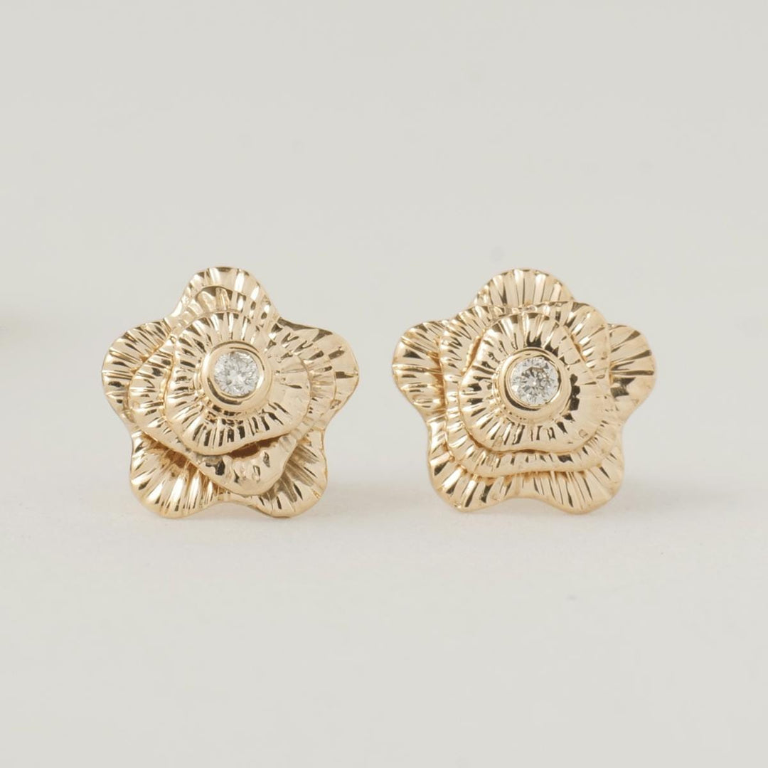 Kids Textured Floral Diamond Earrings, 14k Solid Gold, Natural Diamond, Layered Petal Bloom Studs, Gift for toddler/girls/kid, Ready To Ship