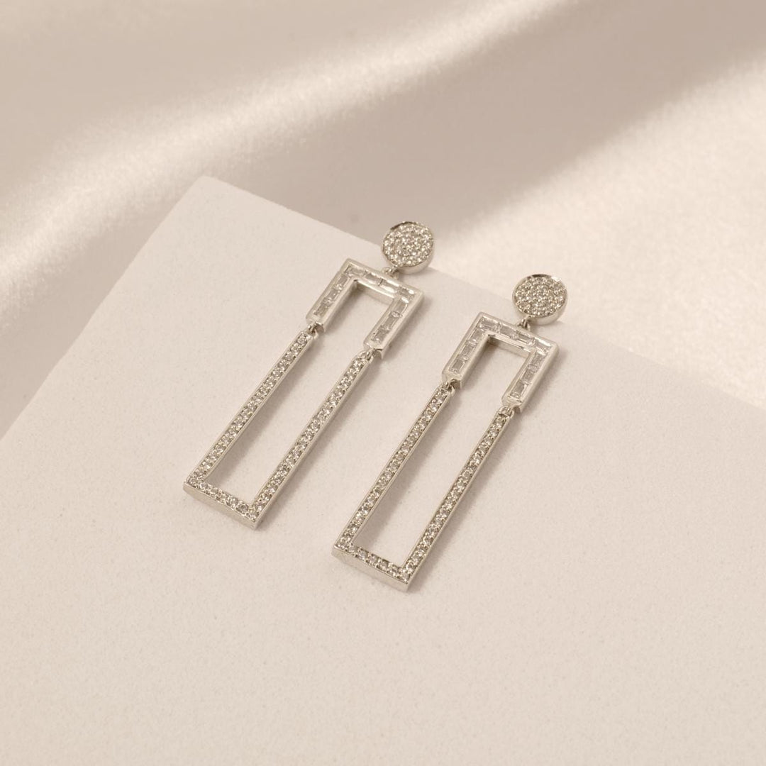 14k Solid Gold Diamond Rectangular Drop Earrings - Geometric Long Dangle Jewelry, Certified Jewelry