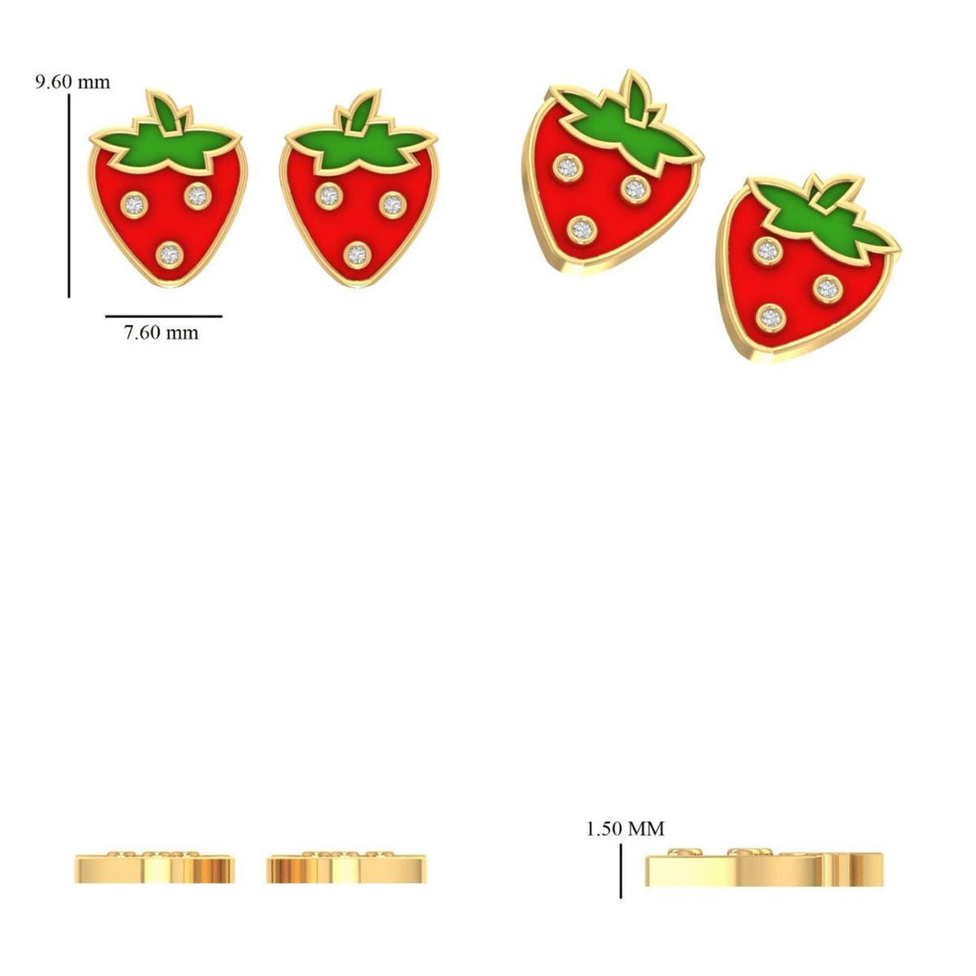 Strawberry Diamond Kids Studs, 14k Solid Gold, Natural Diamond, Enamel Fruit Earrings, Everyday Jewelry, Gift for toddlers, girls and kids