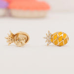 Load image into Gallery viewer, Kids Pineapple Diamond Earrings, 14k Solid Gold, Natural Diamonds, Enamel Fruit Stud, Gift for toddler/girls, Ready To Ship, HRD Certified
