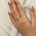 Load image into Gallery viewer, Butterfly Diamond Wrap Ring, 14K Solid Gold, Dual Color Statement Ring, Baguettes &amp; Round Natural Diamonds, Ready To Ship
