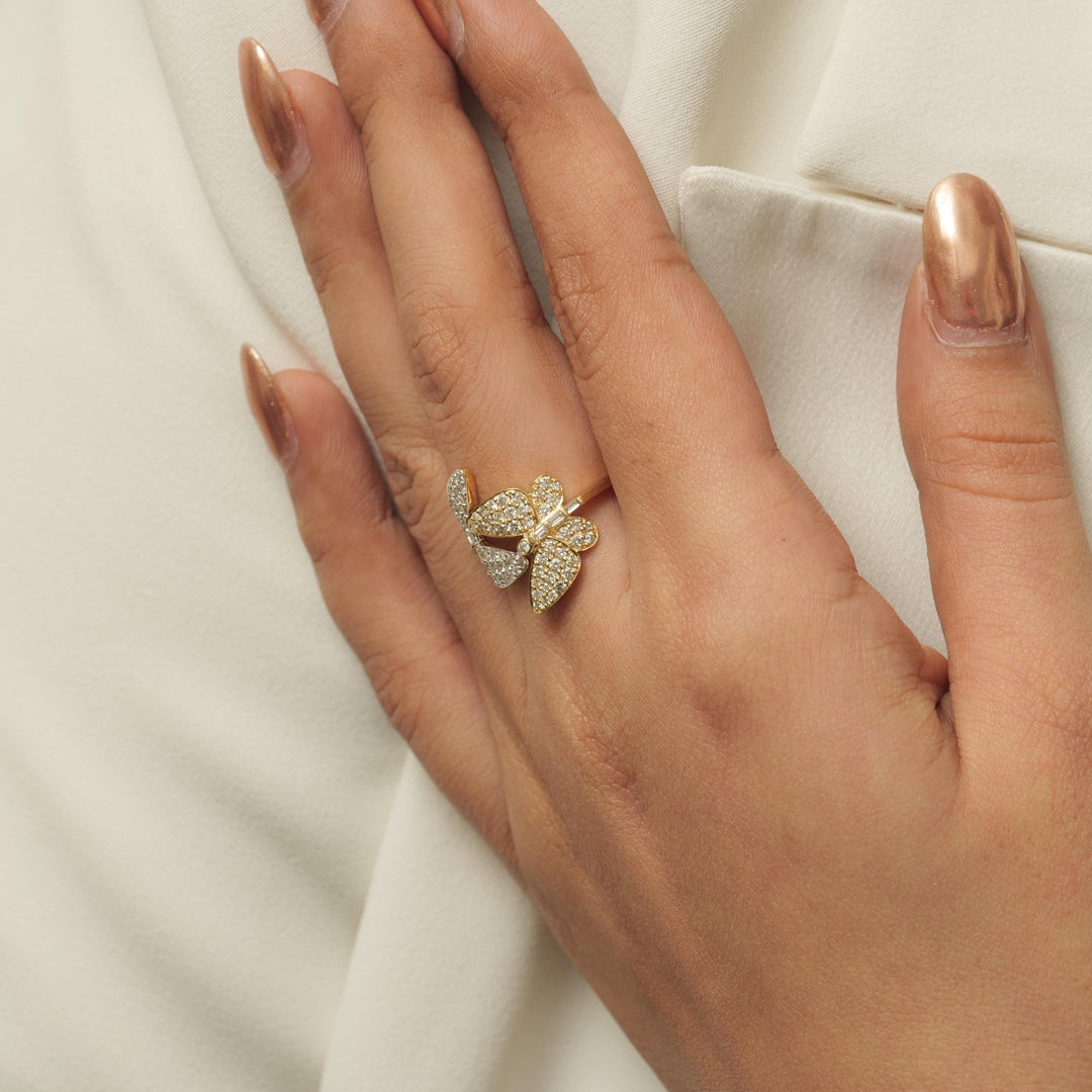 Butterfly Diamond Wrap Ring, 14K Solid Gold, Dual Color Statement Ring, Baguettes & Round Natural Diamonds, Ready To Ship