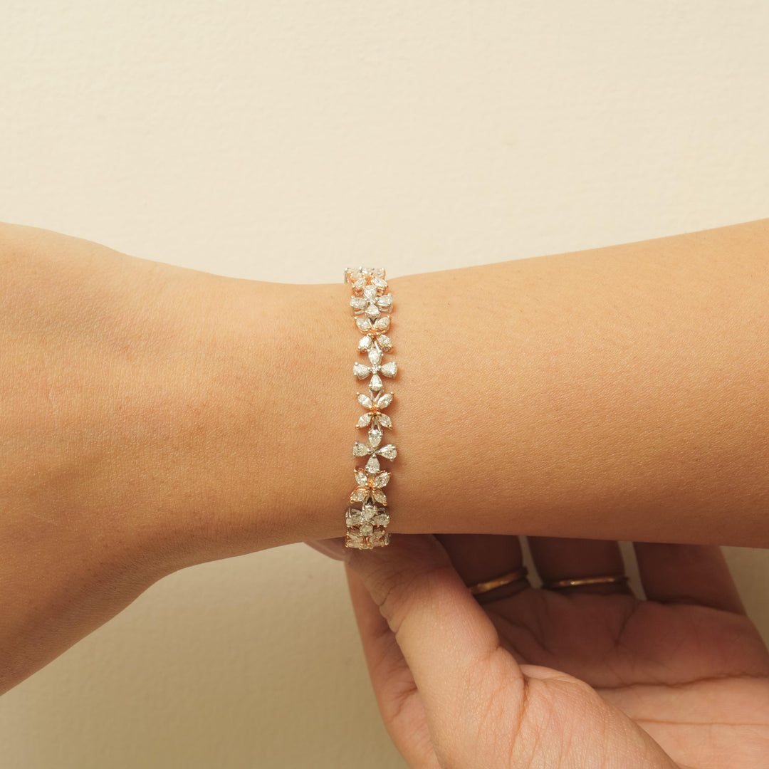 Floral Link Natural Diamond Tennis Bracelet; 14k Solid Gold Two-Toned Flower Jewellery, Certified Jewelry