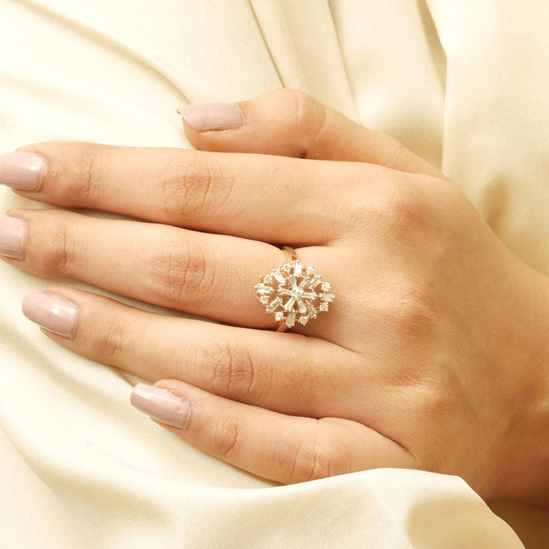 Baguette Starburst Diamond Ring, 14k Solid Gold, Natural Diamonds, Snowflake Statement Ring, Two Toned Ring, Cocktail Jewelry, Gift For Her
