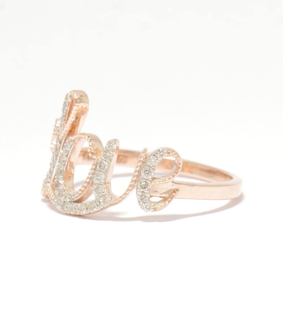 Diamond Love Ring, 14K Solid Gold, Proposal Ring, Natural Diamonds, Script Word Letter Ring, Romantic Statement Jewelry, Gift For Her