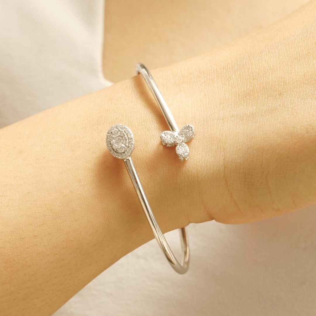 Floral Diamond Open Cuff Bracelet, 14K Solid Gold, Natural Diamond, Halo Statement Jewelry, Stackable Minimalist Bracelet, Everyday Bracelet