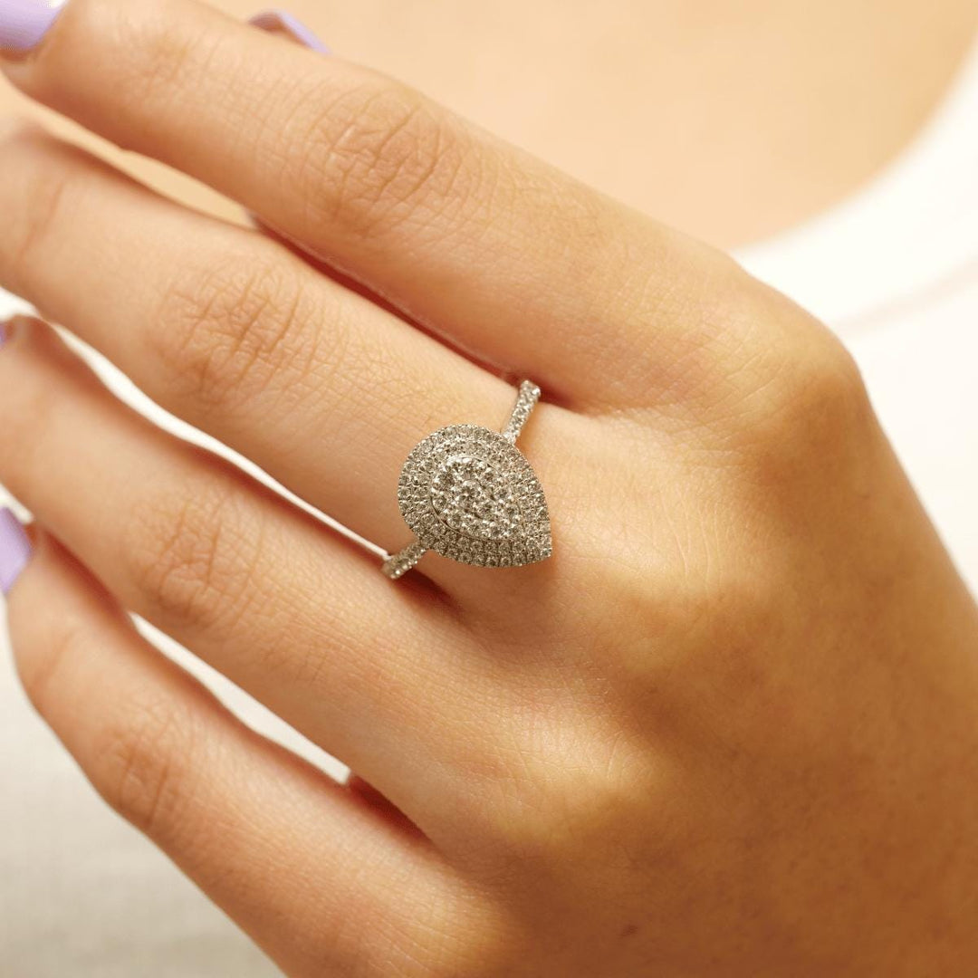 Teardrop Halo Natural Diamond Ring: 14k Solid Gold  Pear Cluster Proposal Jewellery, Certified Jewelry