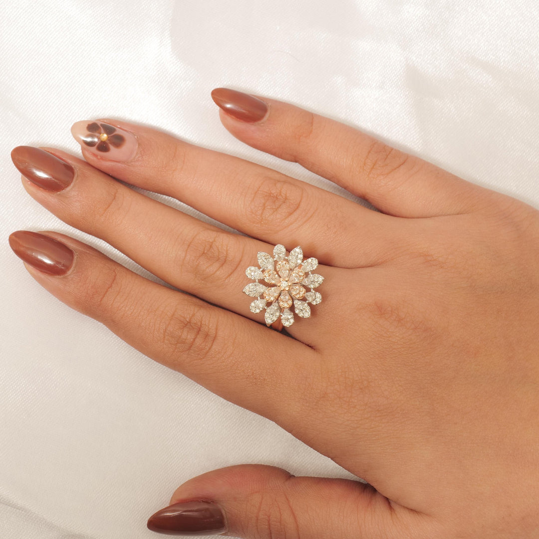 Flower Diamond Ring, 14k Solid Gold, Marquise & Pear Natural Diamonds, Statement Floral Ring, Cocktail Petal Bloom Jewelry, Gift for Her
